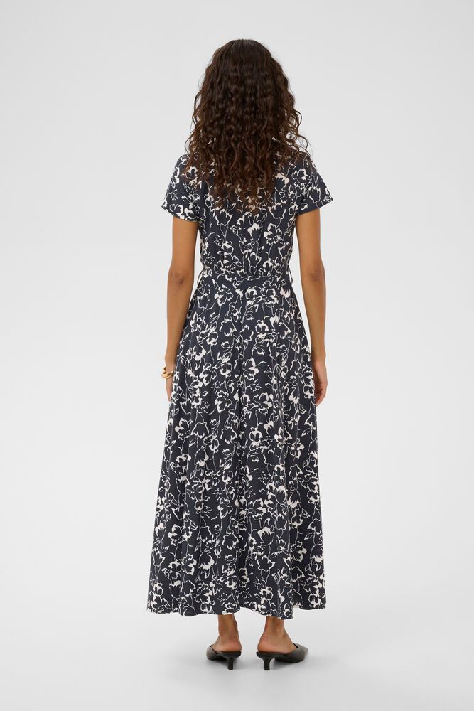 Rückansicht des Arjana Maxi Dress - India Ink Outline Flower mit fließendem Schnitt und femininer Silhouette