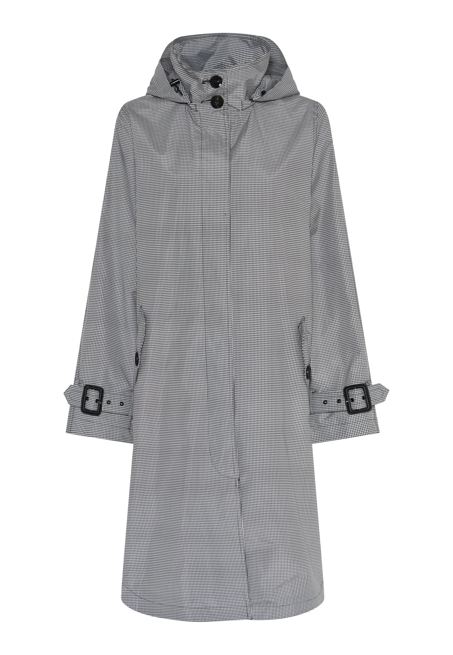 Frontansicht des Cero Etage Raincoat - Check: langer Damen Regenmantel mit kleinem Karomuster, Kapuze, verdeckter Knopfleiste und verstellbaren Ärmelriegeln mit Schnallen.