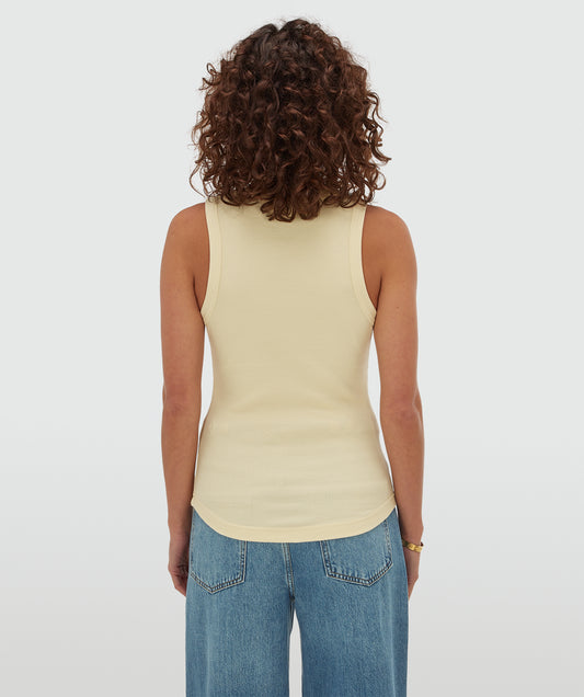 Josh V Dieda - Butter Yellow, geripptes Damen Tanktop in hellgelb mit figurbetonter Passform, Rückansicht