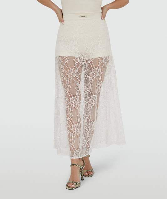 Josh V Trixie - Creme White Spitzenrock in Frontansicht, eleganter Midirock aus transparenter Spitze in Creme mit floraler Struktur