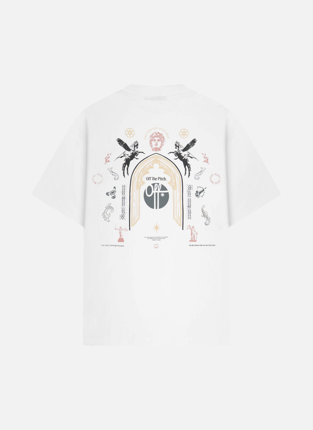 Off the Pitch Sacred Loose Fit Tee - White in Rückenansicht mit großem Sacred Artwork-Print, weißes Loose Fit T-Shirt mit detailreichem Grafikdesign und Statement-Print auf dem Rücken.