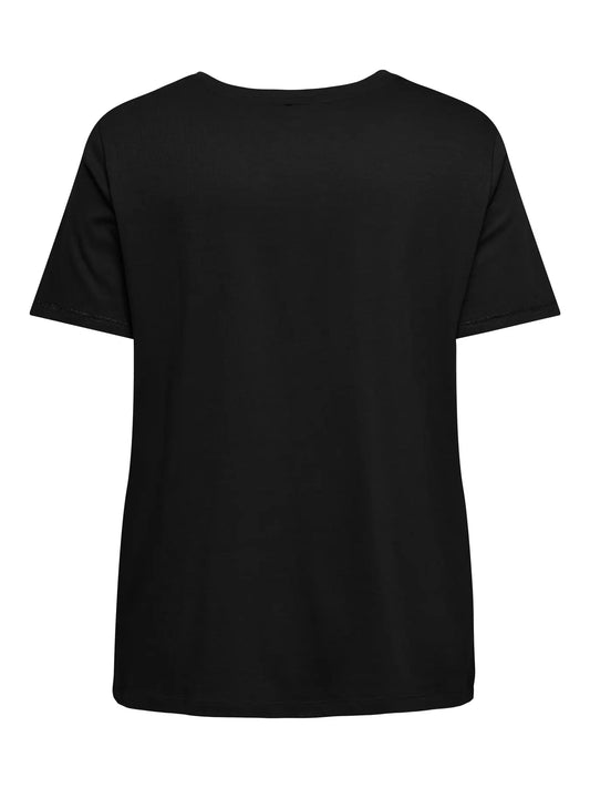 Only Carmakoma Hunter V-Neck Tee - Black in der Rückansicht: locker geschnittenes schwarzes Damen Shirt mit kurzen Ärmeln und weich fallendem Material.