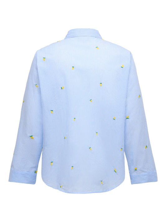 Only Carmakoma New Lina Grace Shirt - Soft Chambray Lemon, gestreifte Damenbluse mit Zitronenmotiv in Rückansicht