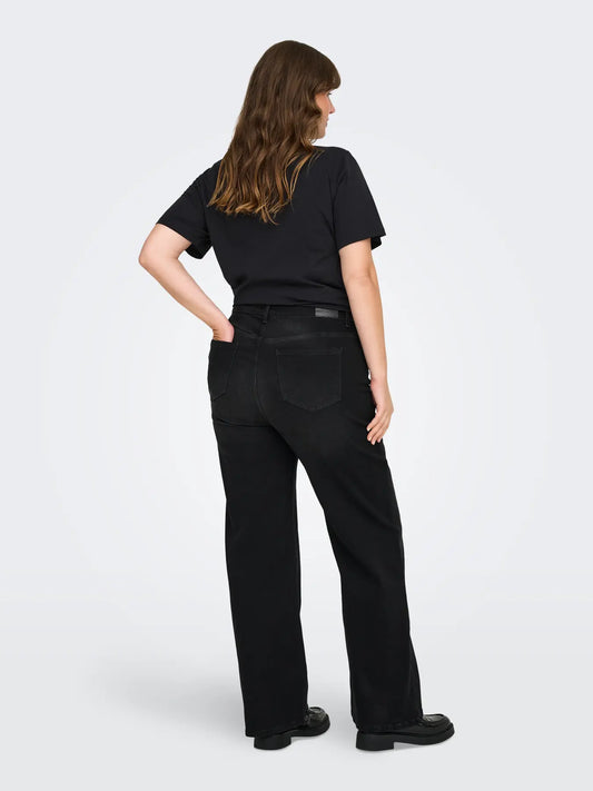 Only Carmakoma Willy – High Waist Wide Leg – Black Denim in Rückansicht mit weiter Beinform und hohem Bund
