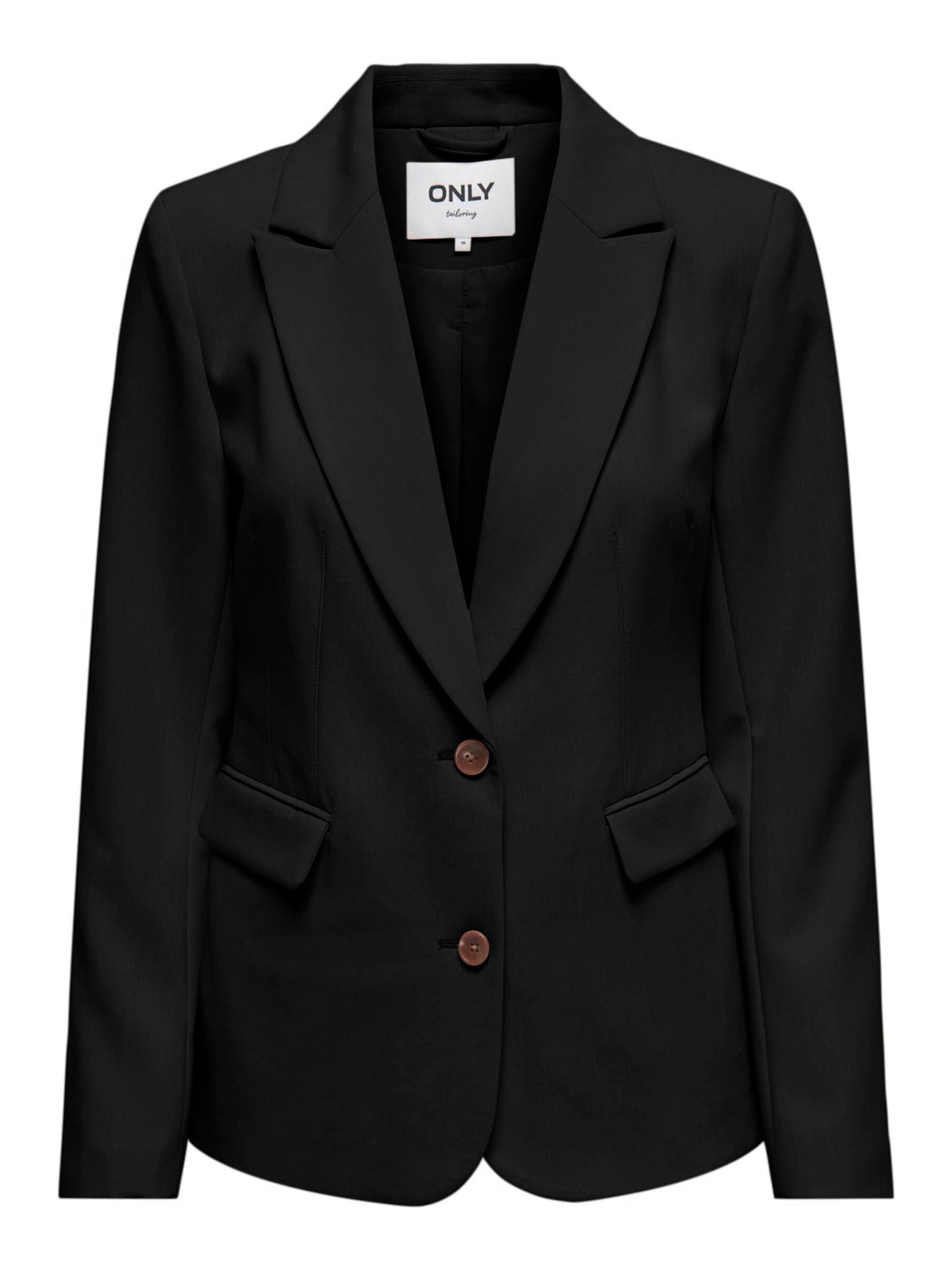 Eleganter schwarzer Only Raven Life Blazer mit Reverskragen, schmalem Schnitt und braunen Knöpfen, ideal für Business und festliche Anlässe.