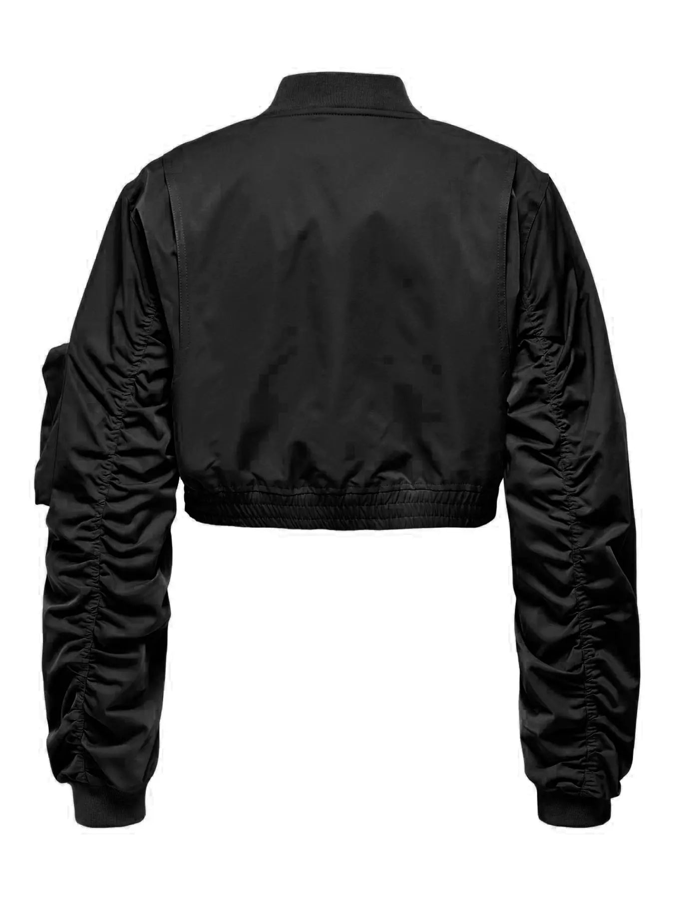 Rückansicht der Only Saga Bomber Black – stylische schwarze Bomberjacke mit gerafften Ärmeln und elastischem Bund.