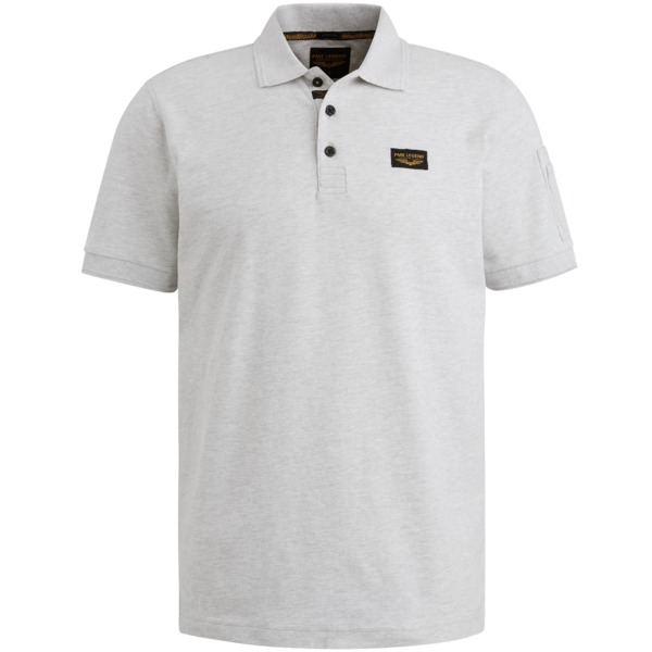 Vorderansicht des PME Legend Short Sleeve Polo in Light Grey Melee mit Kragen, Knopfleiste und Logo-Patch auf der Brust.