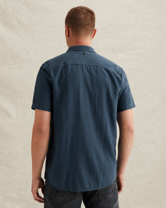 Rückansicht des PME Legend Short Sleeve Shirt Slubgrid - Bijou Blue: blaues Kurzarmhemd mit Regular Fit und dezenter Slubgrid-Webstruktur.