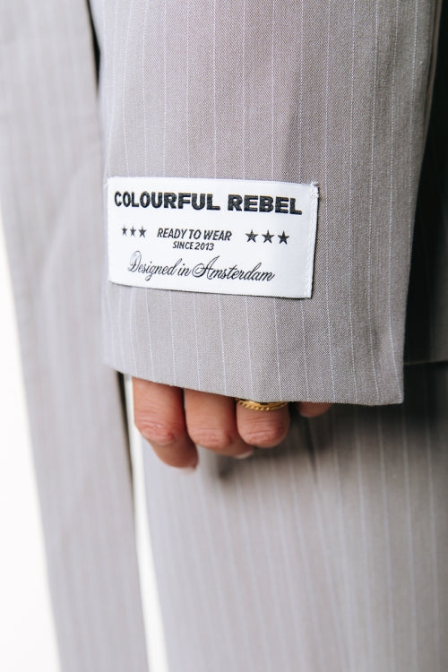 Nahaufnahme des Colourful Rebel Izzy Belted Pinstripe Blazer - Beige mit markantem Label-Patch am Ärmel