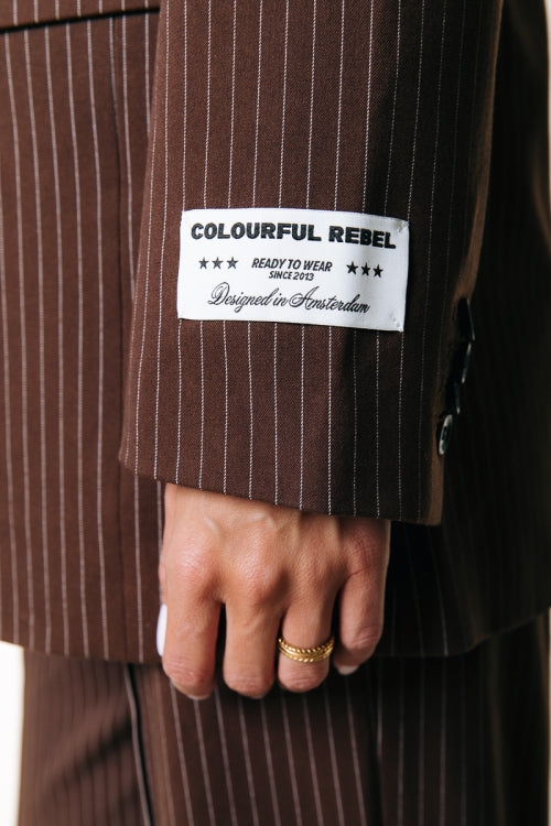 Detailaufnahme des Ärmels mit Label-Aufnäher vom Colourful Rebel Jesra Pinstripe Blazer - Brown