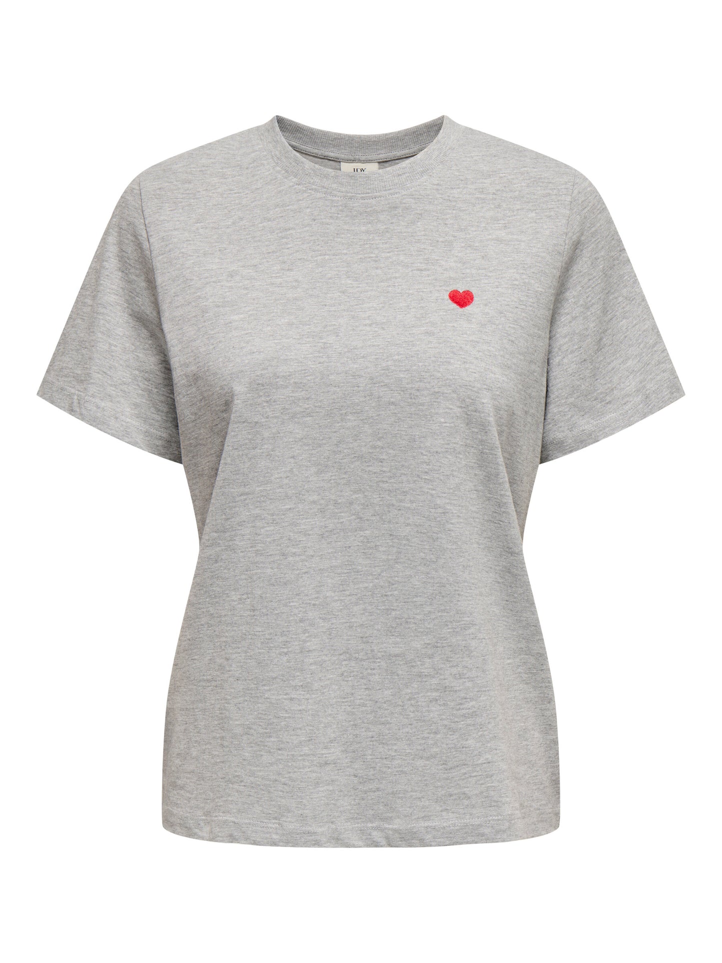 Vorderansicht des JDY Pisa Tops in der Farbe Light Grey Melange Bittersweet mit rotem Herz-Detail auf der Brust. Ein stilvolles und bequemes Basic für vielseitige Outfits.