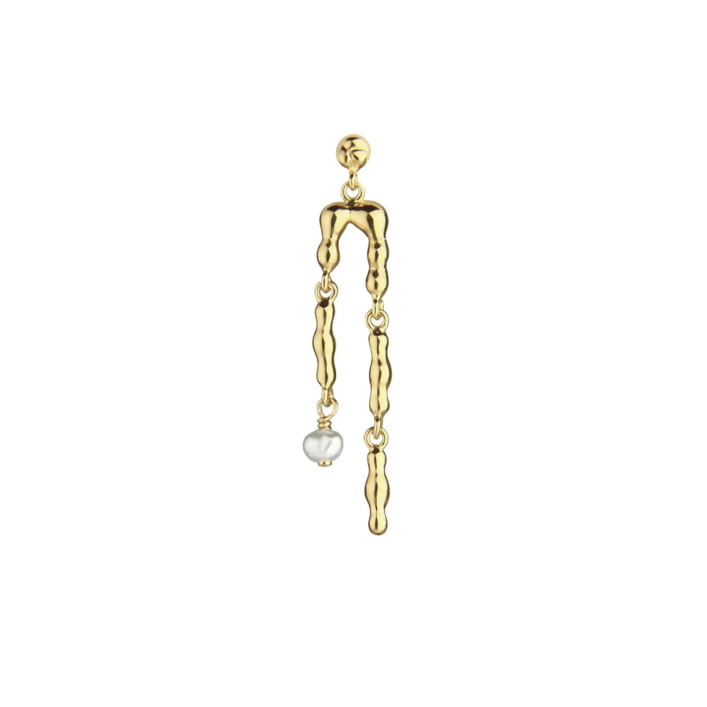 Jeberg Jewellery Harmony Pearl Double Earring in gold mit doppeltem Anhänger und einer schimmernden Perle.