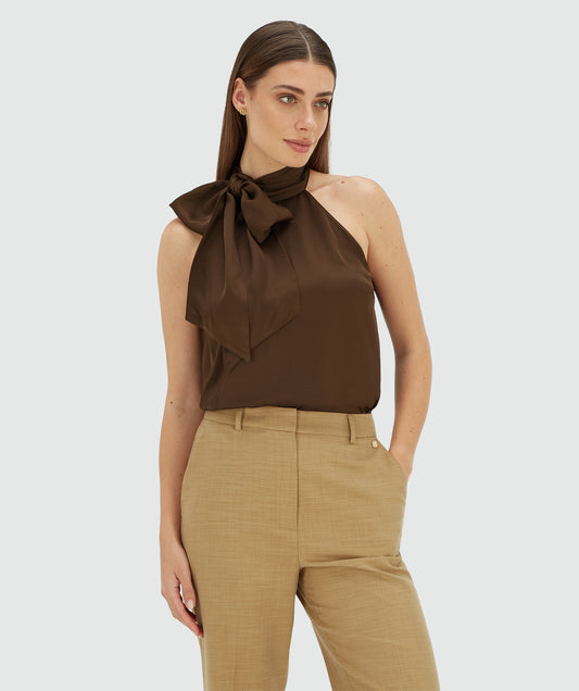 Josh V Yaniek - Brown elegantes Top mit Schalkragen und Schleife vorne in glänzender, fließender Qualität