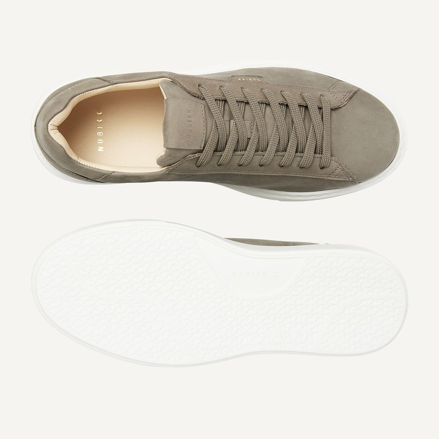 Ober- und Unteransicht des Nubbik Vince Tora Sneakers in Olivgrün mit rutschfester EVA-Sohle.