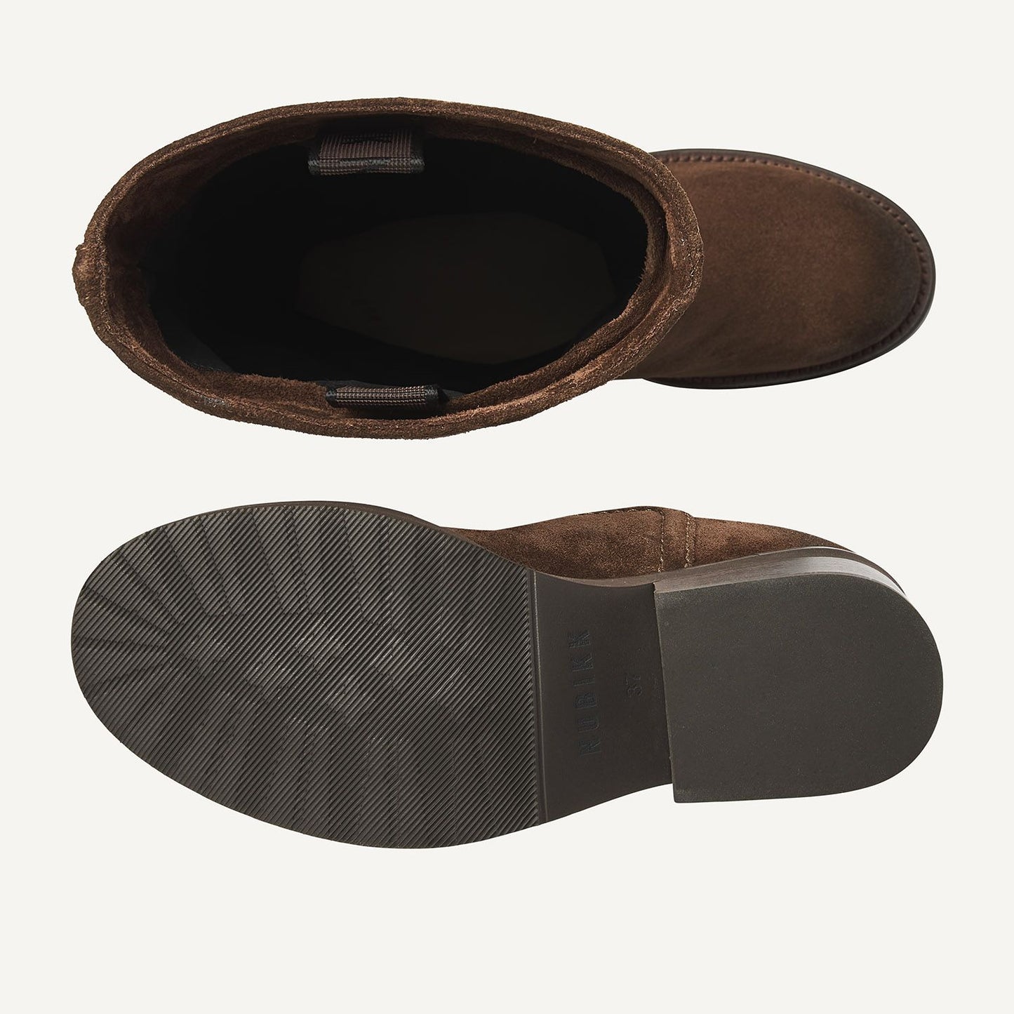 Nubikk Cassy Boot - Dark Brown Suede mit Blick auf Sohle und Innenansicht von oben