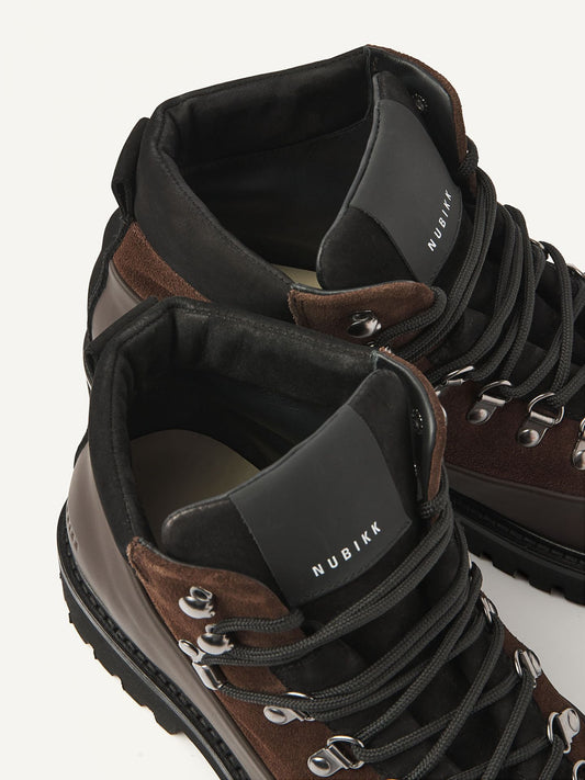 Nubikk Logan Chad - Dark Brown Combi Herren-Boots – Detailansicht von Schaft, Zunge und Polsterung