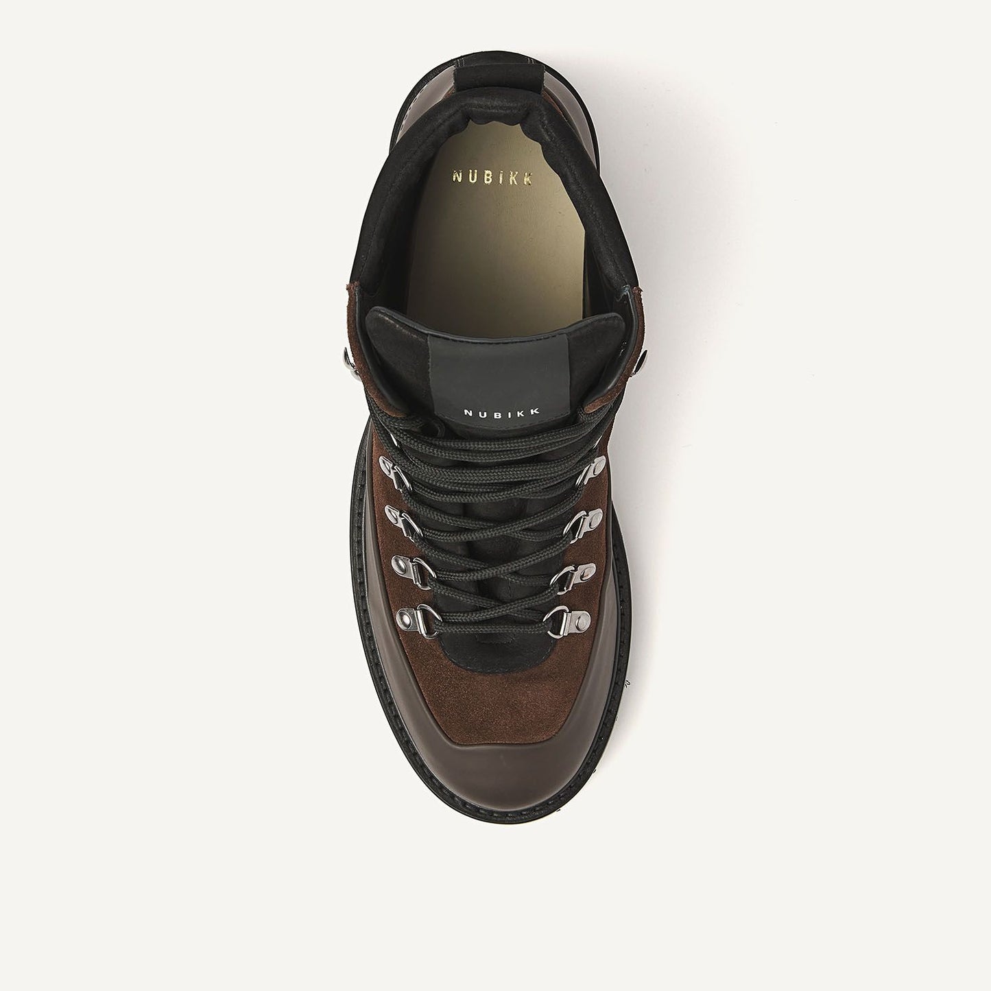 Nubikk Logan Chad - Dark Brown Combi Herren-Boots – Ansicht von oben mit D-Ring-Ösen und Schnürung