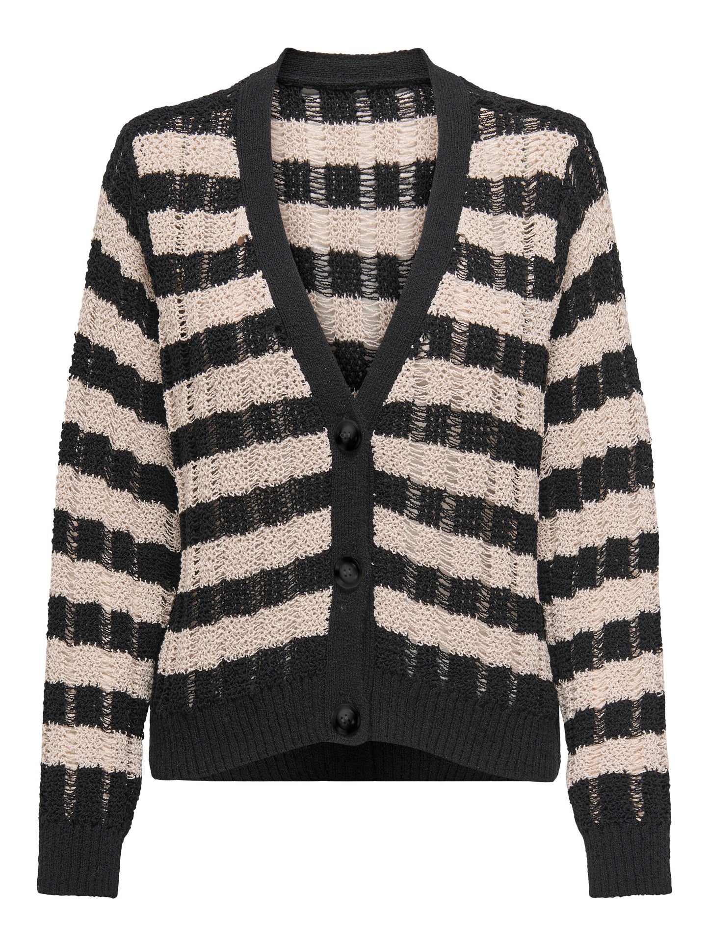Vorderansicht des Only Capri Cardigans mit Streifenmuster in Schwarz und Beige.