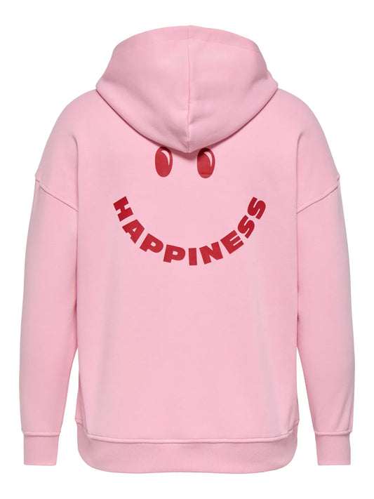 Only Carmakoma Adele Hood Sweat – Romance Rose, rosa Hoodie mit Happy-Print auf dem Rücken in Rückansicht