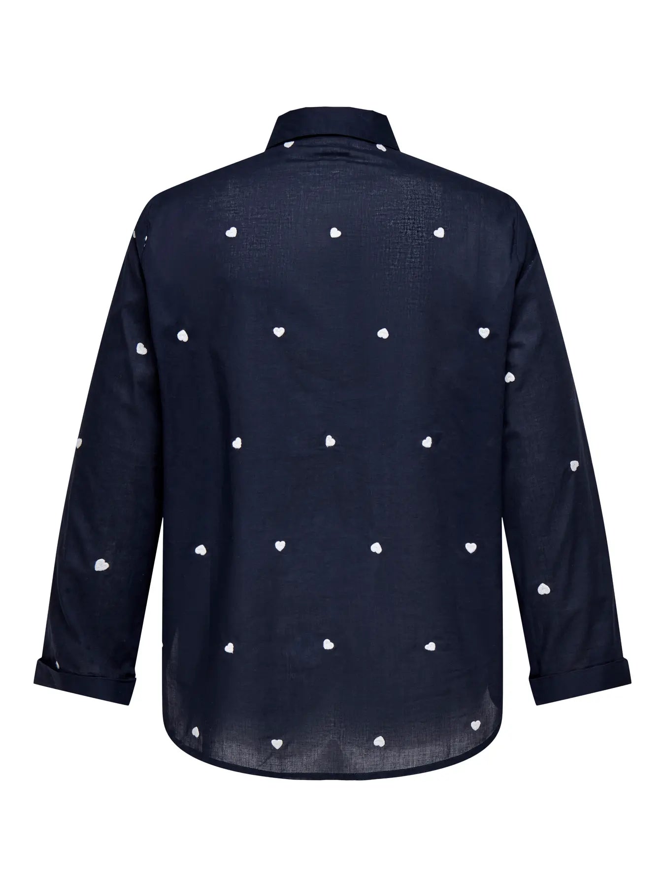 Only Carmakoma New Lina Grace Shirt - Night Sky Rückansicht mit verspieltem Herzmuster auf dunkelblauem Stoff