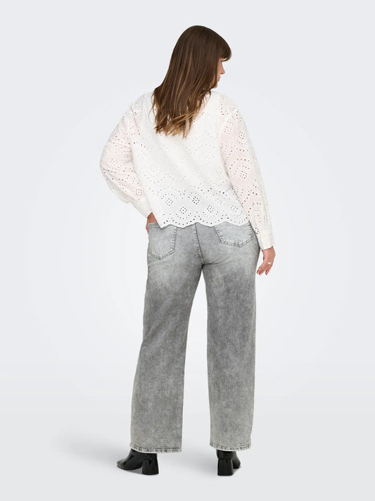 Rückenansicht der Only Carmakoma Willy High Waist Wide Leg Grey Denim Jeans in Grau mit hohem Bund und weitem Bein