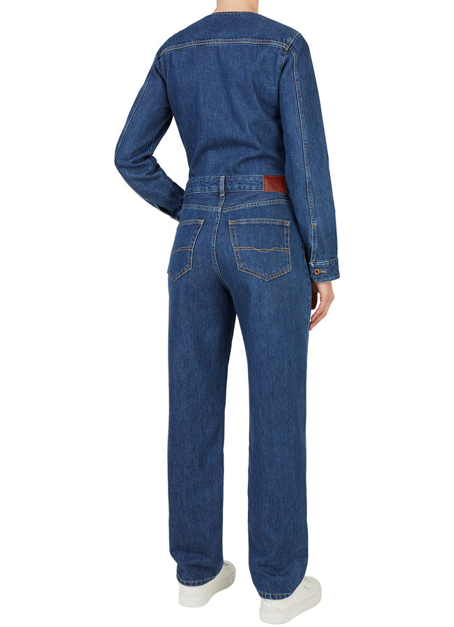 Rückansicht des Pepe Jeans Franky Jumpsuits in dunkler Used-Waschung mit geradem Schnitt und 5-Pocket-Design.