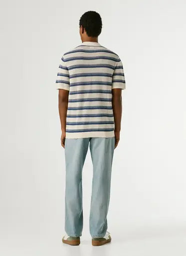 Rückansicht des Pepe Jeans London Florian Stripes - Washed Navy Blue Poloshirts mit horizontalem Streifenmuster