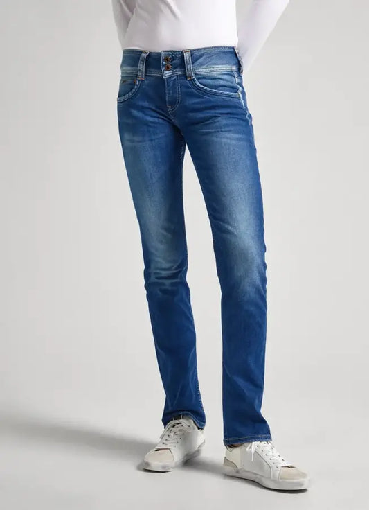 Frontansicht der Pepe Jeans London Gen - Mid Waist Straight - D45 in faded Sky Blue mit geradem Schnitt und doppeltem Knopfverschluss.