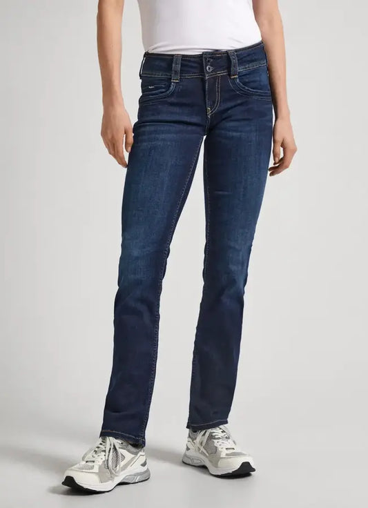 Detailansicht der Vorderseite der Pepe Jeans London Gen - Mid Waist Straight - H06 mit Mid Waist und geradem Bein