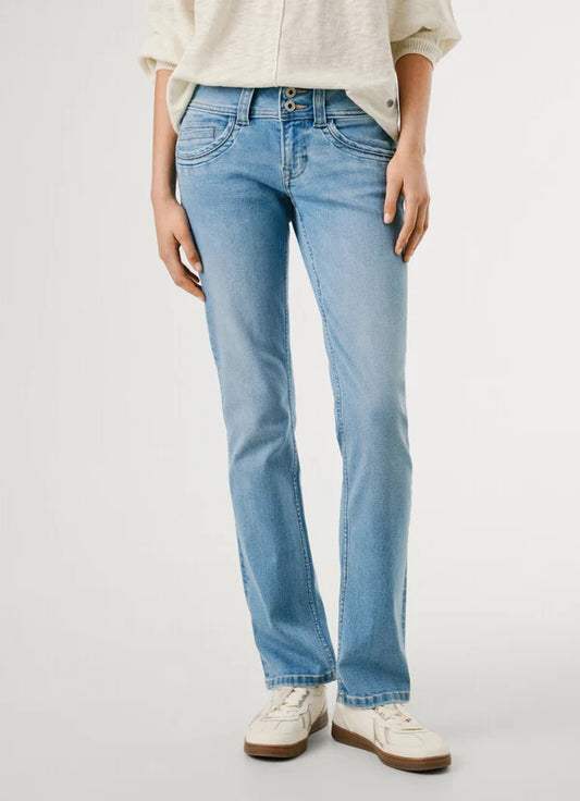 Detailansicht der Vorderseite der Pepe Jeans London Gen - Mid Waist Straight - NC4 mit doppeltem Knopfverschluss und 5-Pocket-Stil.