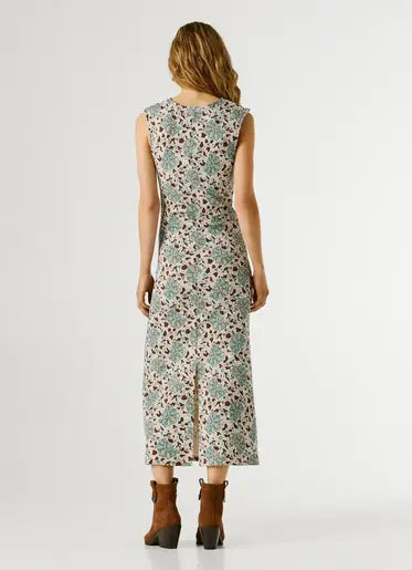 Rückansicht des Pepe Jeans London Lexi - Bleach Green Midikleids mit floralem Print und ärmellosem Design