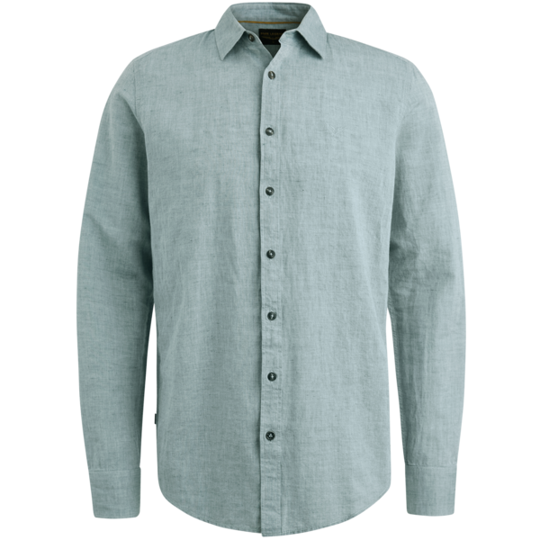 PME Legend Long Sleeve Shirt Green – Vorderansicht mit Knopfverschluss, Kentkragen und langen Ärmeln.