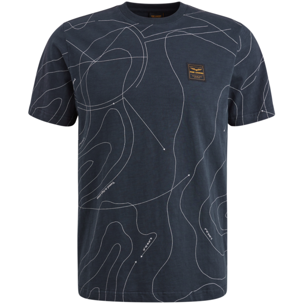 Vorderansicht des PME Legend Panel Print T-Shirts in Salute mit Brustlogo und detailliertem Linienmuster.