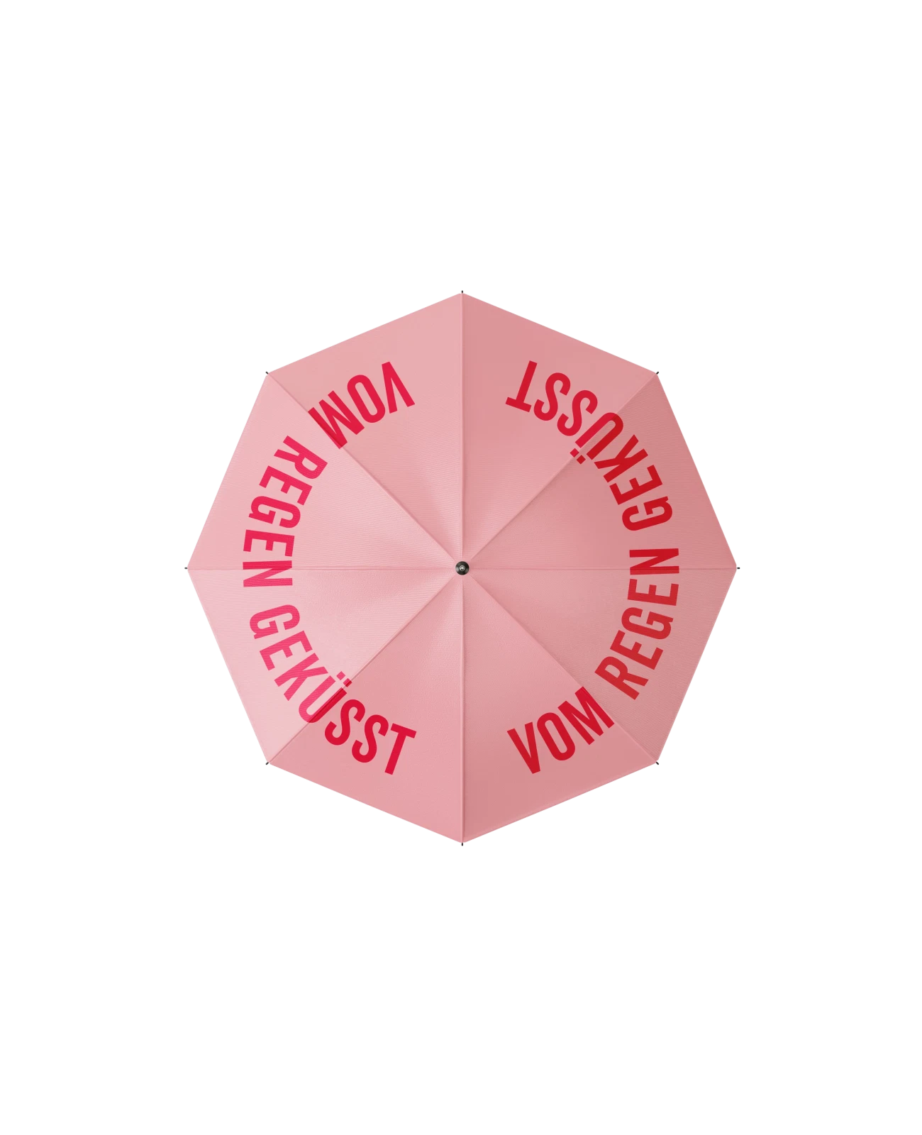 Regenschirm - Vom Regen Geküsst in Rosa mit rotem Schriftzug, geöffnet