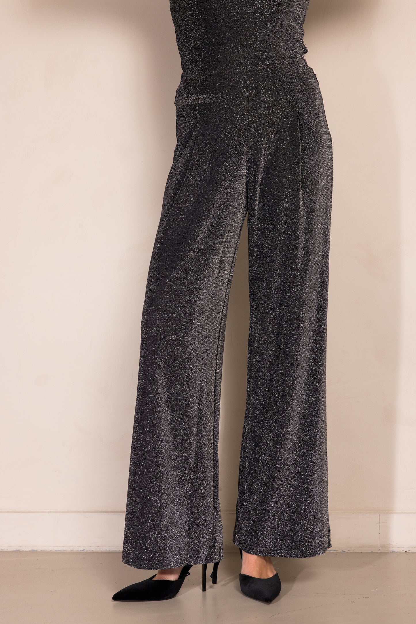 Zhrill Pala - Anthra Glitzerhose in Nahaufnahme, zeigt Bundfalten und glitzerndes Material im Detail.