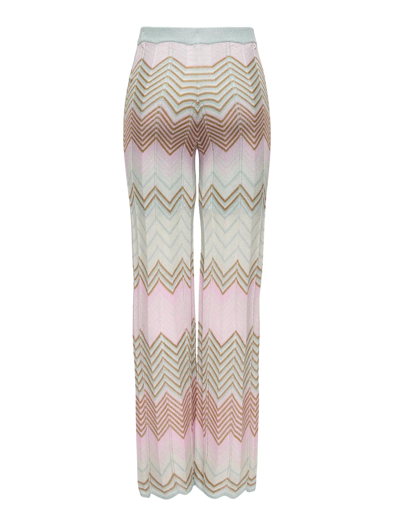 Rückansicht der Alvira Life Glitter Pant in Cloud Blue Roseate mit auffälligem Chevron-Muster in Rosa, Hellblau und Goldakzenten.