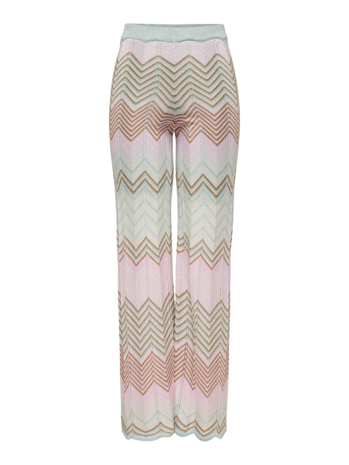 Vorderansicht der Alvira Life Glitter Pant in Cloud Blue Roseate mit Zickzackmuster und schimmerndem Glitzereffekt in Pastelltönen.