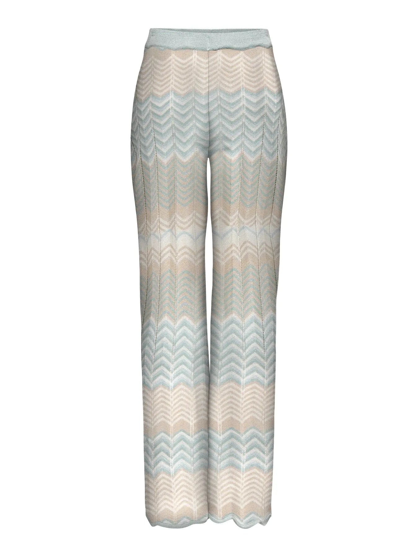 Vorderansicht der Alvira Life Glitter Pant in Cloud Blue mit schimmerndem Chevron-Muster in Pastellblau und Beigetönen, elegante Damenhose im Strickdesign.