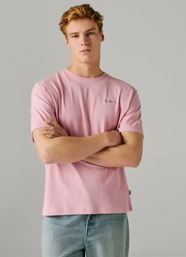 Pepe Jeans London Contrast Connor - Washed Pink Herren T-Shirt in Regular Fit mit Rundhalsausschnitt und gesticktem Logo, Frontansicht
