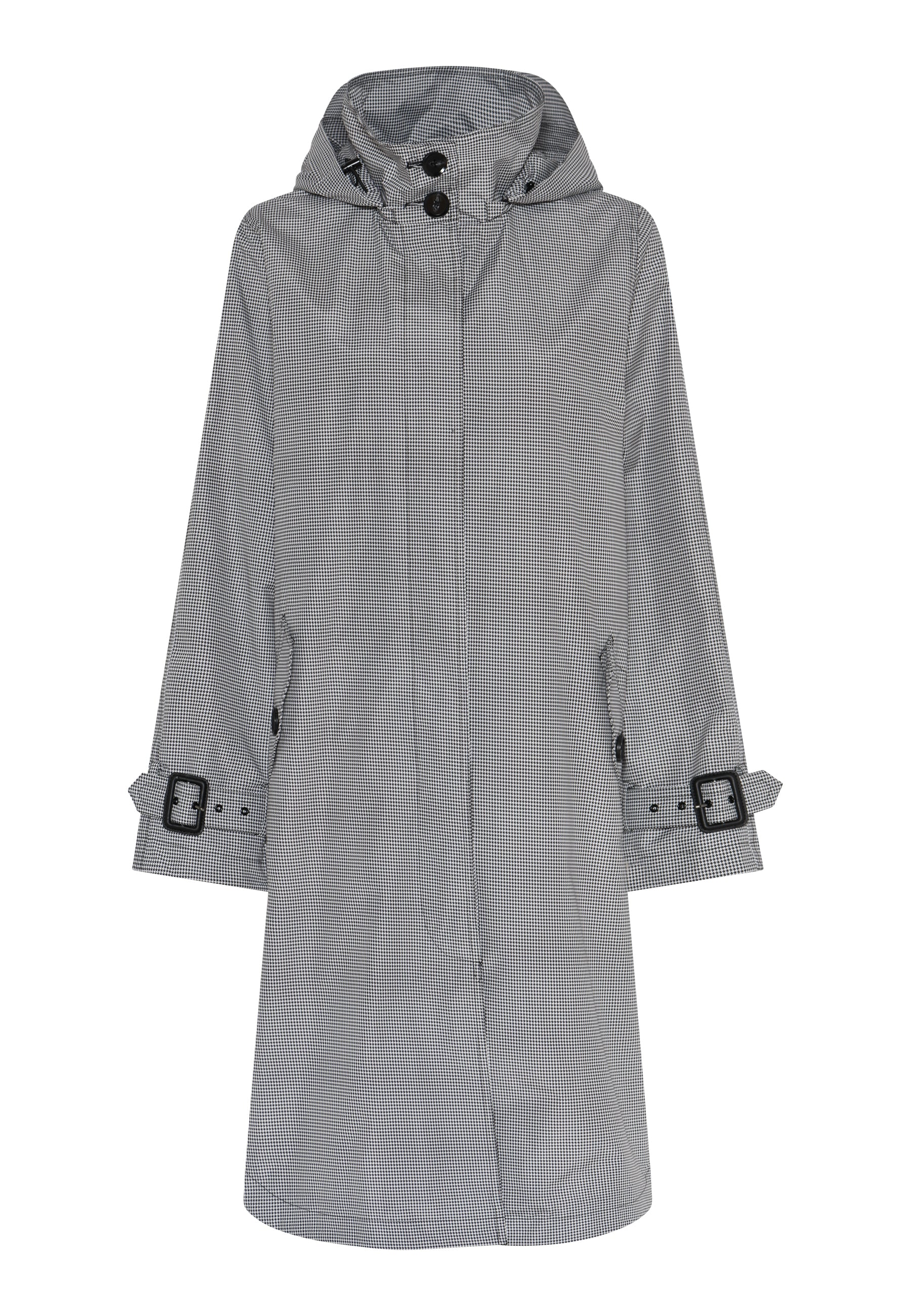 Frontansicht des Cero Etage Raincoat - Check: langer Damen Regenmantel mit kleinem Karomuster, Kapuze, verdeckter Knopfleiste und verstellbaren Ärmelriegeln mit Schnallen.