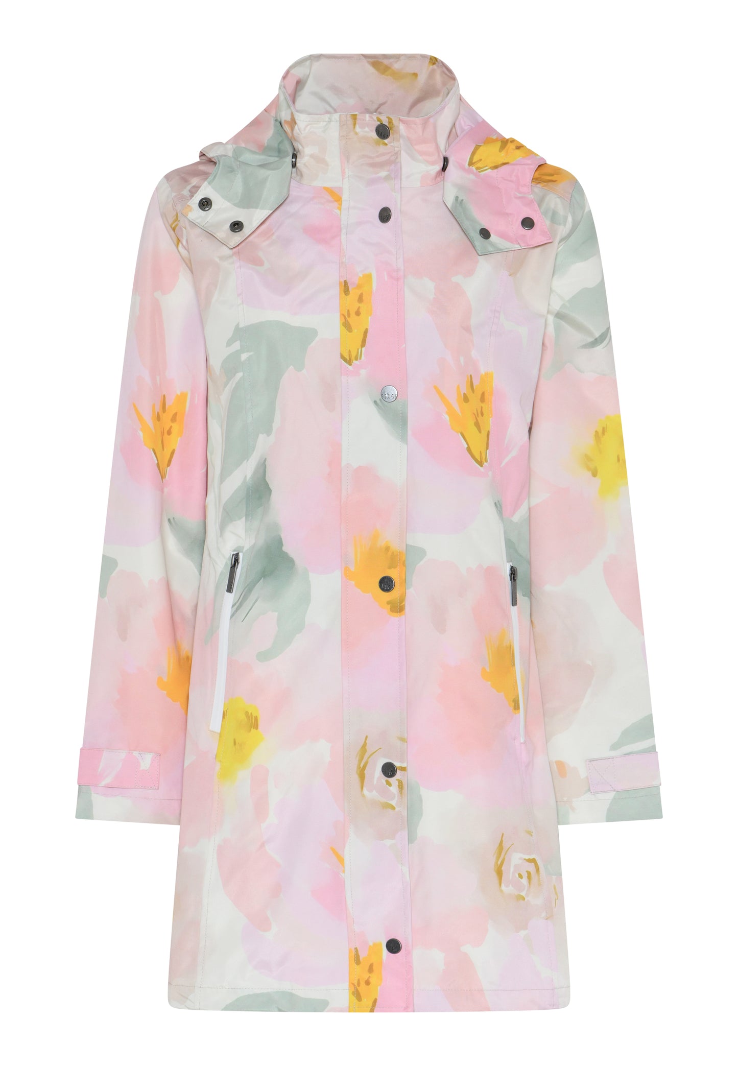 Frontansicht des Cero Etage Raincoat Tape Seam - Flower: langer Damen Regenmantel mit floralem Muster in Pastelltönen, Kapuze, Druckknopfleiste und wasserdichten, getapten Nähten.