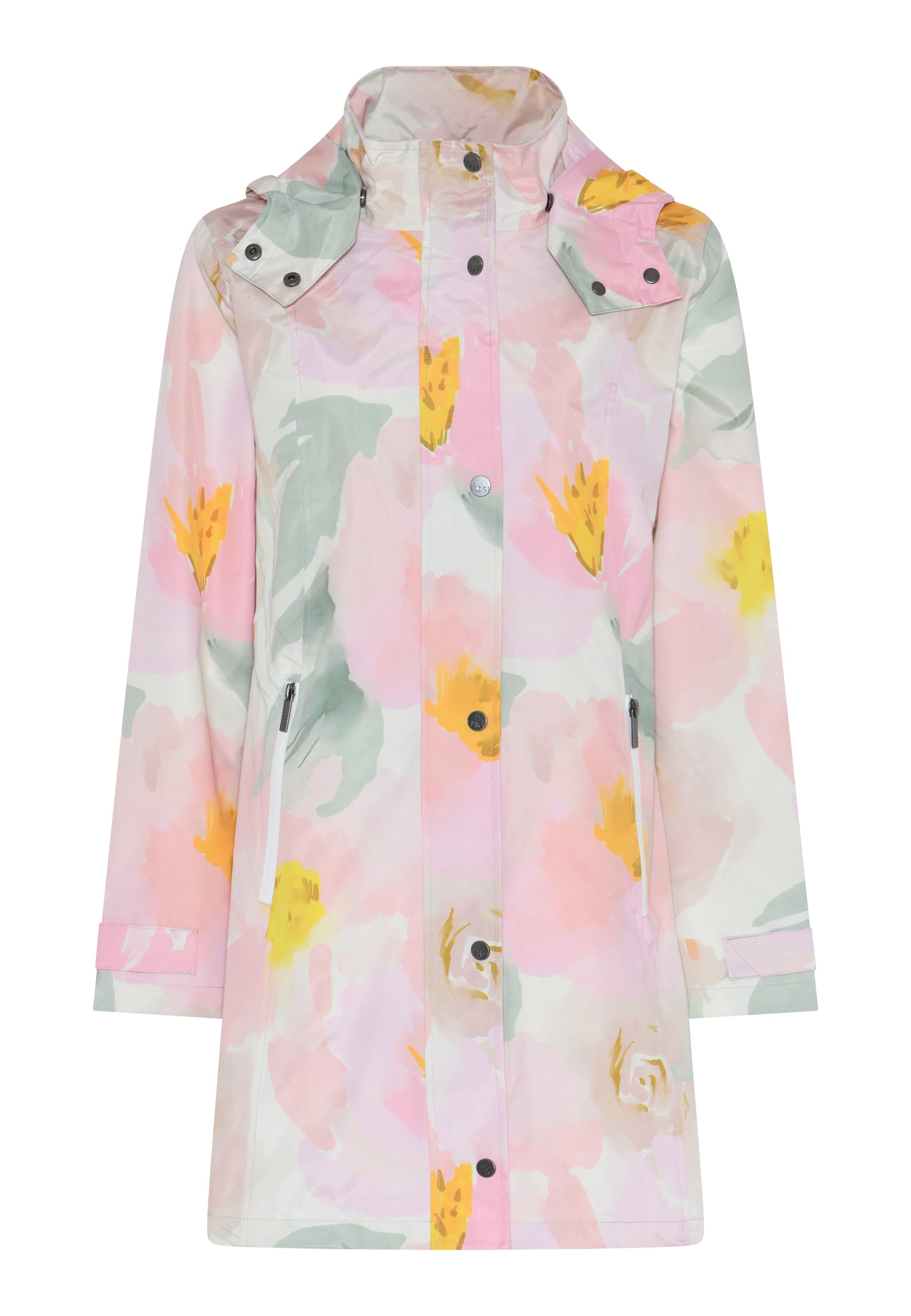 Frontansicht des Cero Etage Raincoat Tape Seam - Flower: langer Damen Regenmantel mit floralem Muster in Pastelltönen, Kapuze, Druckknopfleiste und wasserdichten, getapten Nähten.