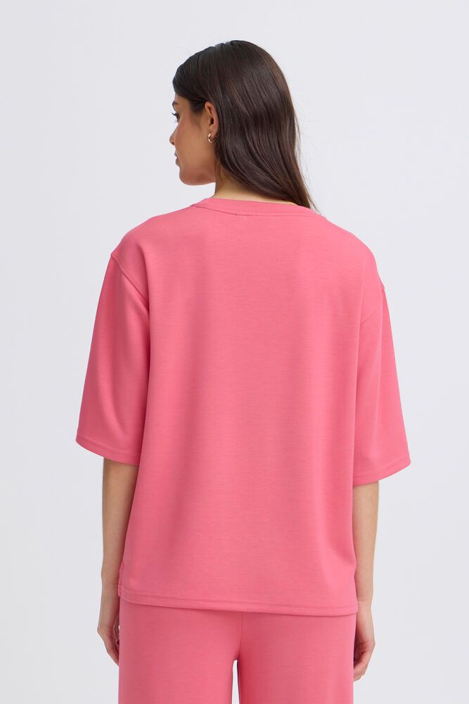 Rückansicht des Fransa Aurora Shirt - Honeysuckle: rosafarbenes Damen T-Shirt mit lockerer Passform, kurzen Ärmeln und schlichtem, cleanem Design.