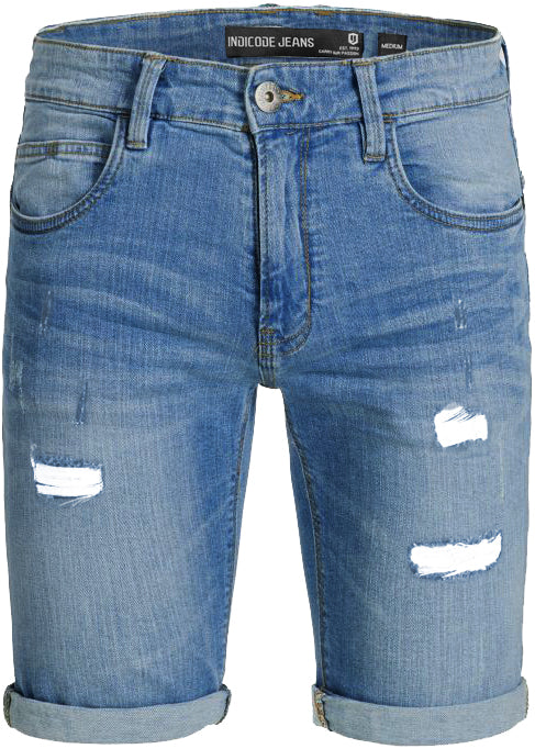 Indicode InKaden Holes Short Medium Indigo – Stylische Herren-Jeansshorts in mittlerem Indigo-Blau mit angesagten Rissen und gekrempeltem Saum. Perfekt für einen coolen Streetwear-Look.