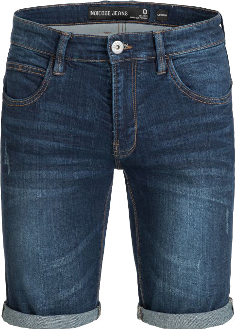Indicode InKaden Short Dark Blue – Dunkelblaue Jeansshorts für Herren mit umgeschlagenem Saum, Five-Pocket-Design und modernem Slim-Fit-Schnitt. Perfekt für lässige Sommerlooks.