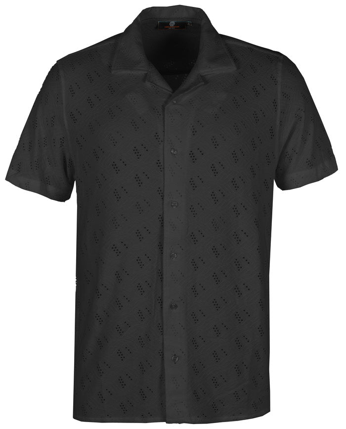 Vorderansicht des Indicode Jerry Hemds in der Farbe Black – modisches Sommerhemd mit kurzem Arm, luftiger Baumwollstruktur und stilvollem Lochmuster für einen modernen Look.