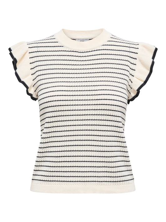 JDY Carice Frill Pullover Cloud Dancer in Creme mit feinen Streifen und Rüschenärmeln, Vorderansicht