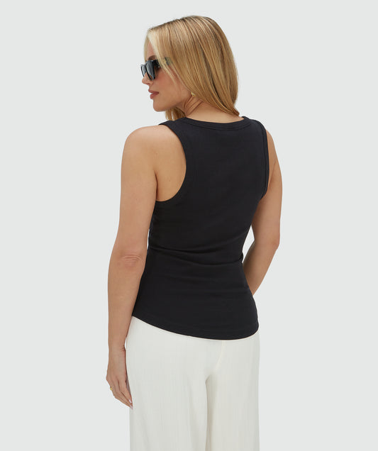 Josh V Dieda - Black, geripptes Damen Tanktop in Schwarz mit figurbetonter Passform, Rückansicht