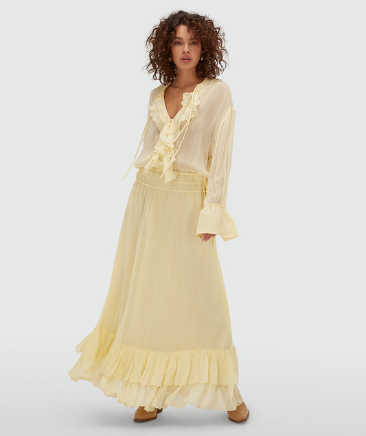 Josh V Gisele - Butter Yellow, fließendes Damen Maxikleid in Gelb mit Rüschen und elastischer Taille, Frontansicht