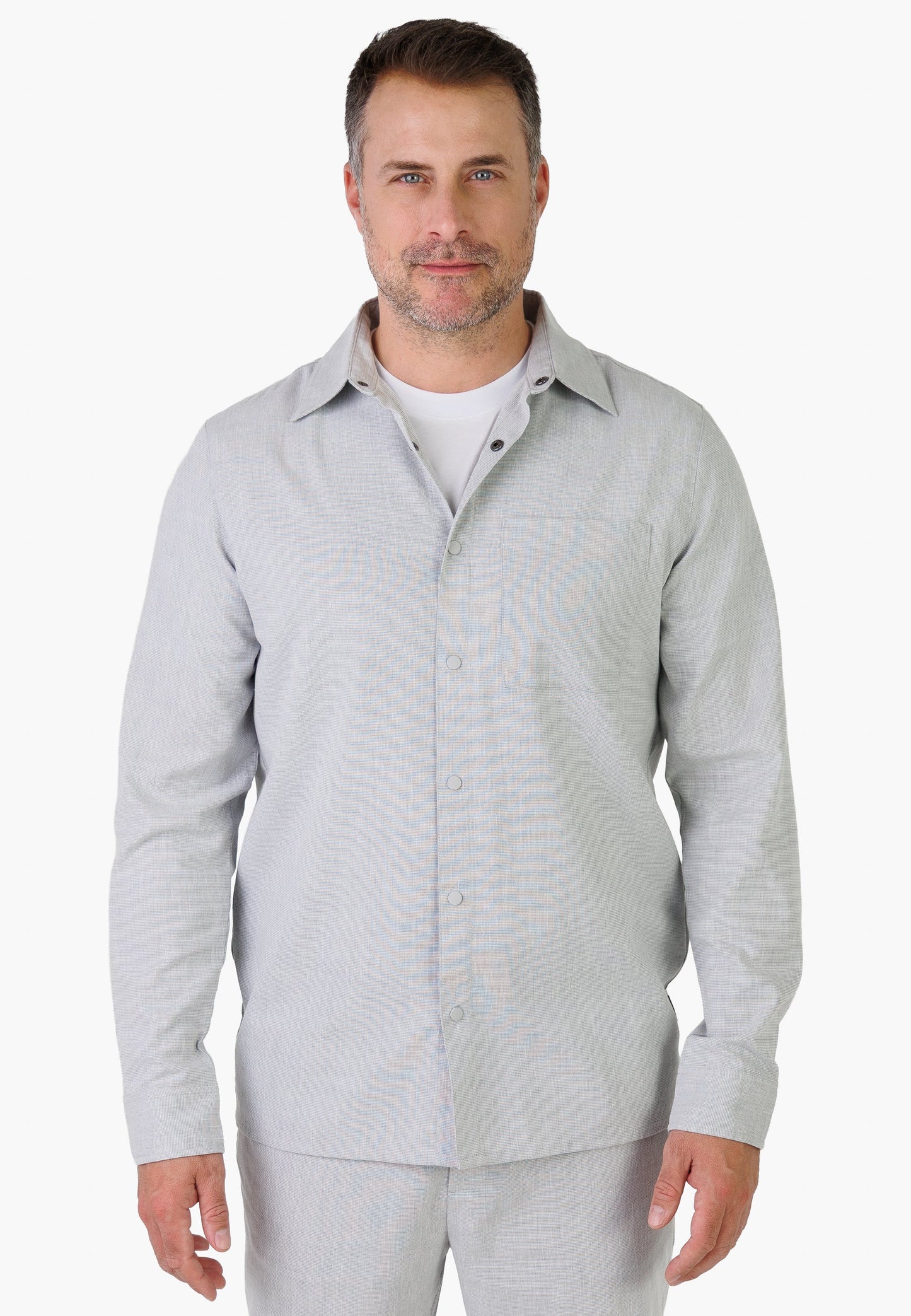 Kleinigkeit Lein Gosling Shirt - Salt Grey Herren Leinenhemd in Frontansicht mit Knopfleiste und Brusttasche, leicht strukturierter Stoff